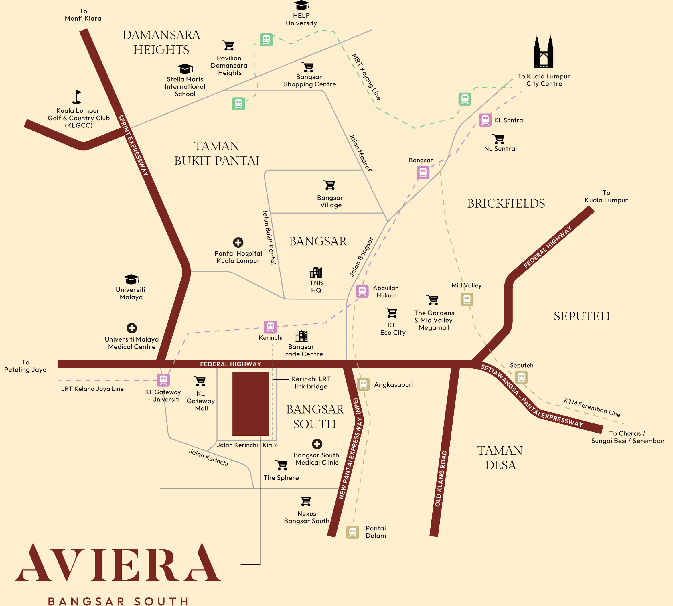 Map showing Aviera in Bangsar South and nearby transport, healthcare, retail and business destinations
